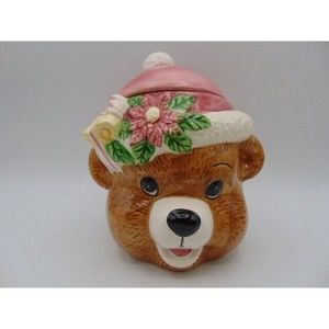 Small Brown Christmas Teddy Bear Cookie or Candy Jar Ceramic Hand Painted